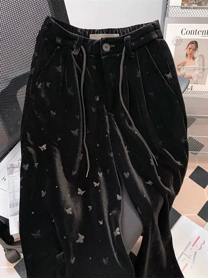 Design niche black butterfly velvet straight trousers for women in autumn and winter plus velvet and thickened high-waist drape wide-leg pants