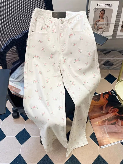 Autumn white super good-looking floral wide-leg jeans for women, American niche high-end slim straight-leg slightly flared trousers