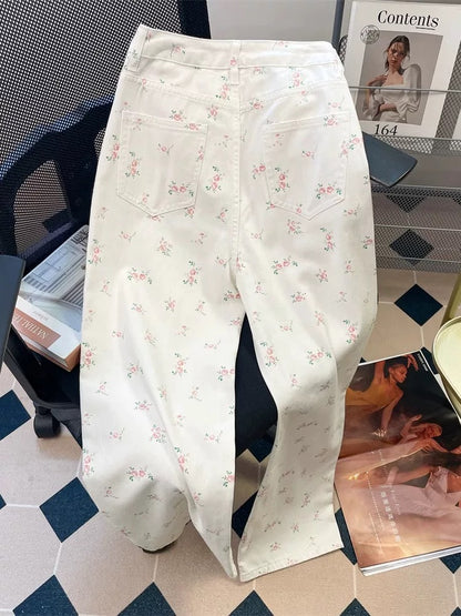 Autumn white super good-looking floral wide-leg jeans for women, American niche high-end slim straight-leg slightly flared trousers