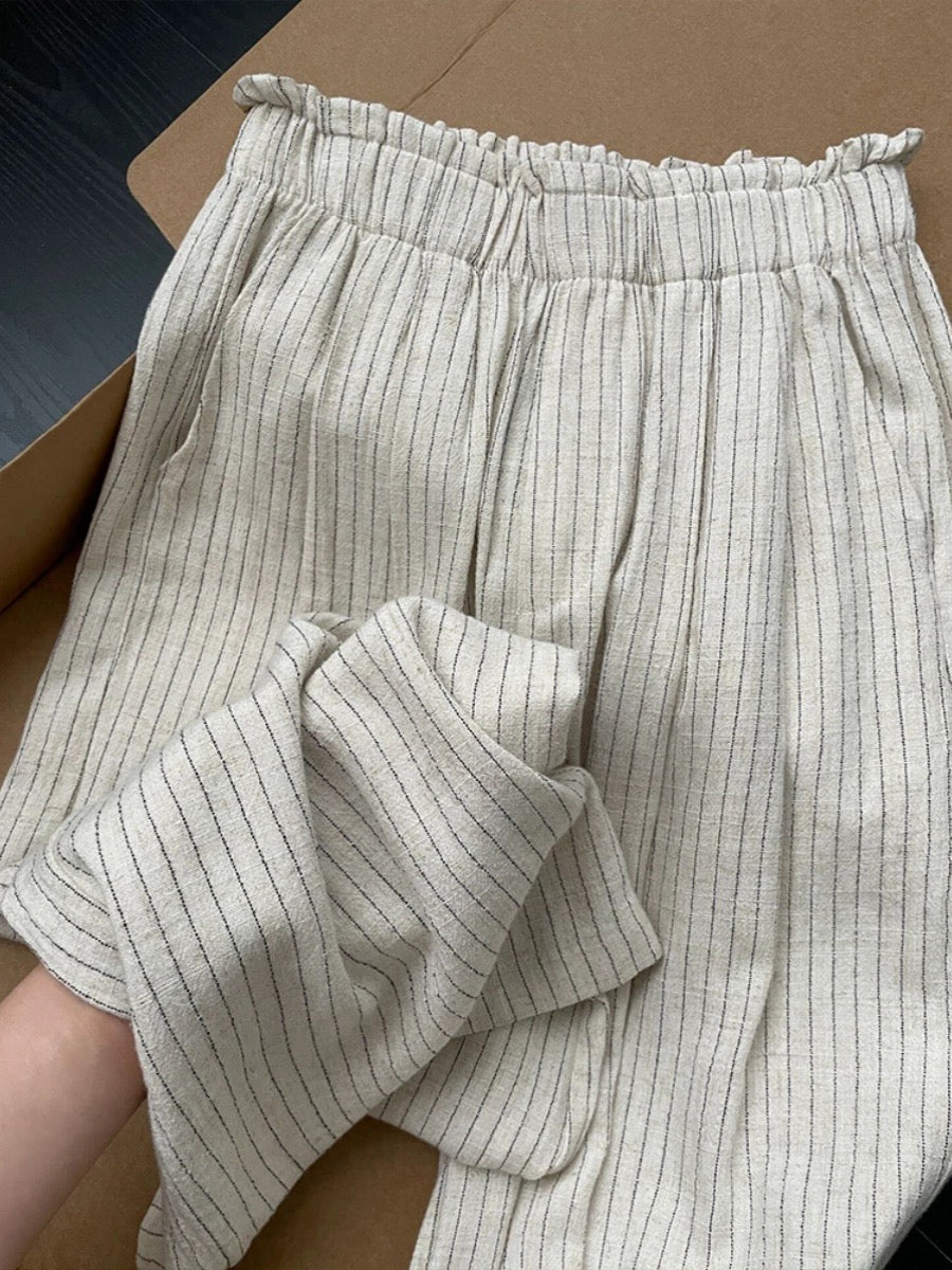 Treasure pants, super slimming! Love it~ Cotton and linen striped casu ...