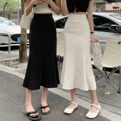 Black fishtail skirt for women spring 2024 new high waist hip one step skirt mid-length white temperament skirt