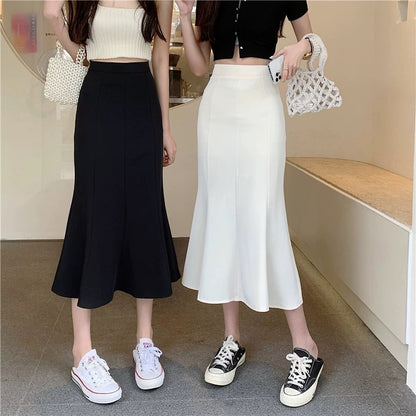 Black fishtail skirt for women spring 2024 new high waist hip one step skirt mid-length white temperament skirt