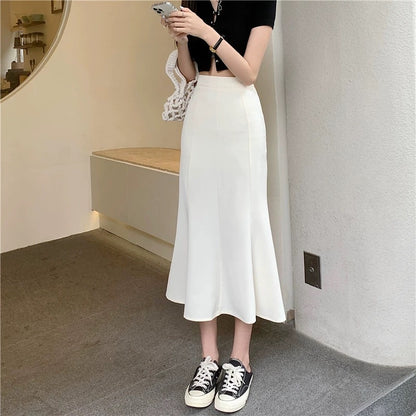 Black fishtail skirt for women spring 2024 new high waist hip one step skirt mid-length white temperament skirt