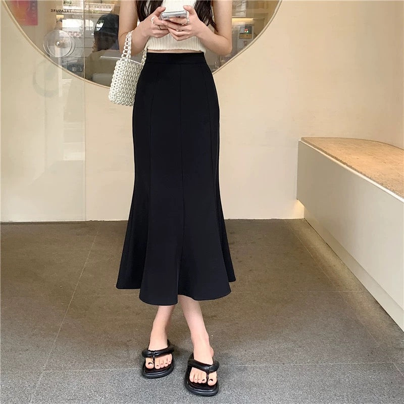 Black fishtail skirt for women spring 2024 new high waist hip one step skirt mid-length white temperament skirt