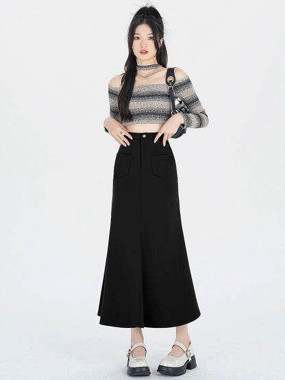 Black fishtail skirt skirt for small people 2024 new spring and autumn design slimming mid-length hip skirt