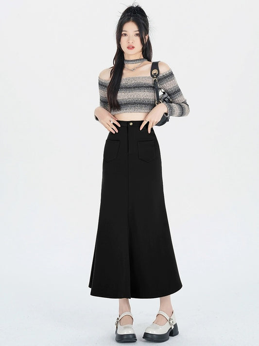 Black fishtail skirt skirt for small people 2024 new spring and autumn design slimming mid-length hip skirt