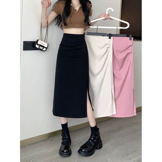 High-waisted draped petite skirt women's summer 2024 new retro slit a-line skirt mid-length skirt