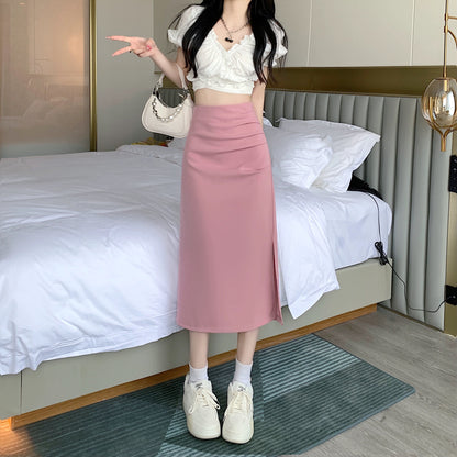 High-waisted draped petite skirt women's summer 2024 new retro slit a-line skirt mid-length skirt