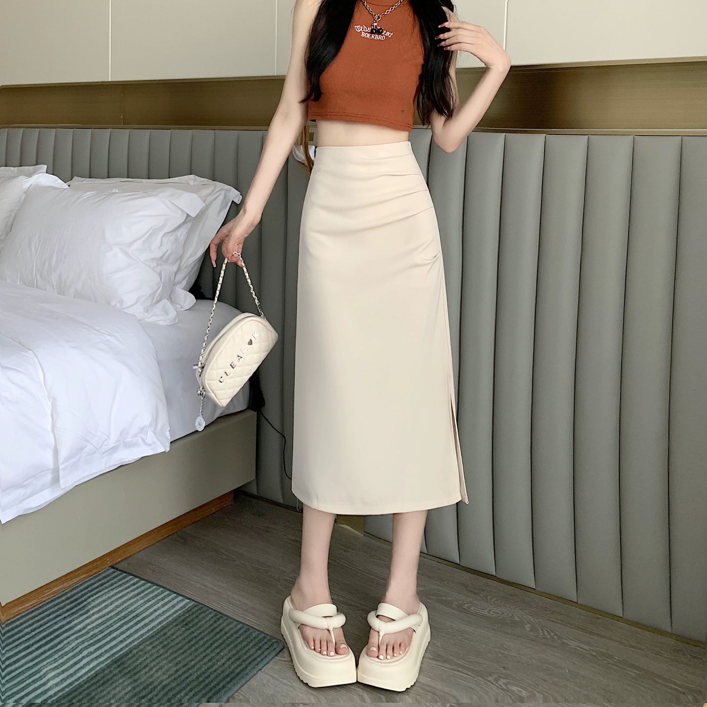 High-waisted draped petite skirt women's summer 2024 new retro slit a-line skirt mid-length skirt