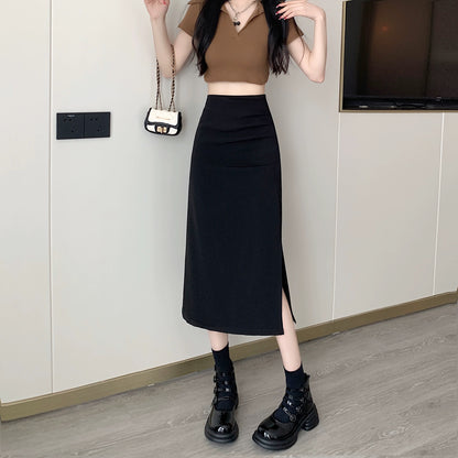 High-waisted draped petite skirt women's summer 2024 new retro slit a-line skirt mid-length skirt