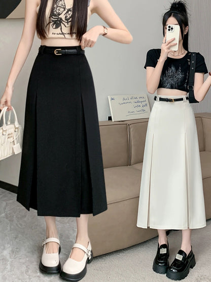 Pleated skirt skirt for women spring and summer new style high-waisted mid-length drapey crotch-covering suit black a-line skirt long skirt