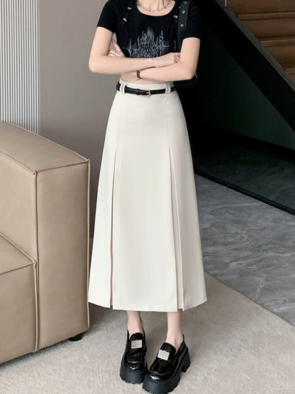 Pleated skirt skirt for women spring and summer new style high-waisted mid-length drapey crotch-covering suit black a-line skirt long skirt