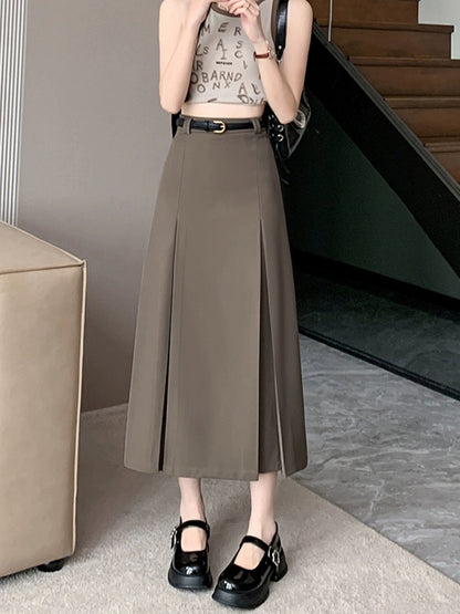 Pleated skirt skirt for women spring and summer new style high-waisted mid-length drapey crotch-covering suit black a-line skirt long skirt