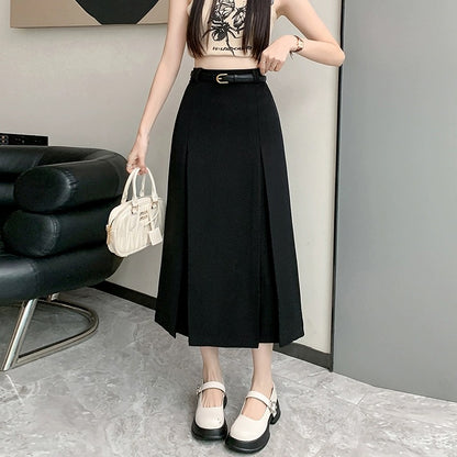 Pleated skirt skirt for women spring and summer new style high-waisted mid-length drapey crotch-covering suit black a-line skirt long skirt