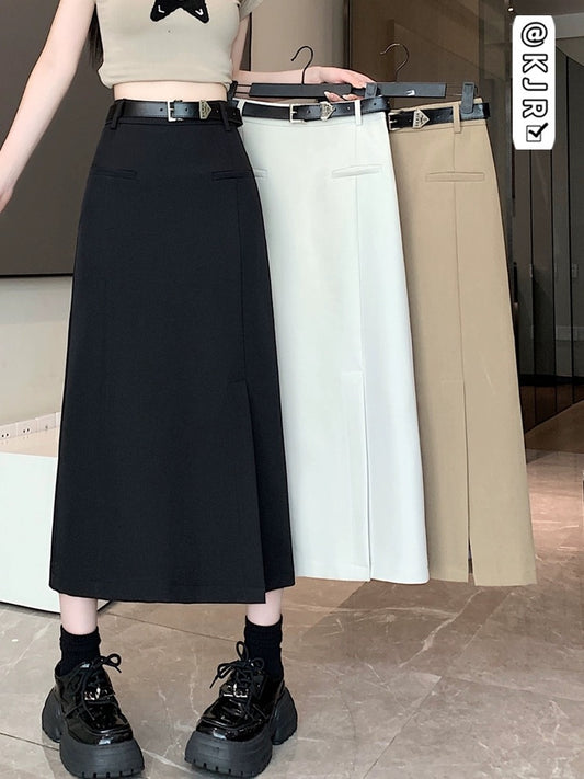 Black commuter suit skirt for women, spring and summer mid-length high waist hip A-line skirt with side slits to cover the crotch one-step skirt