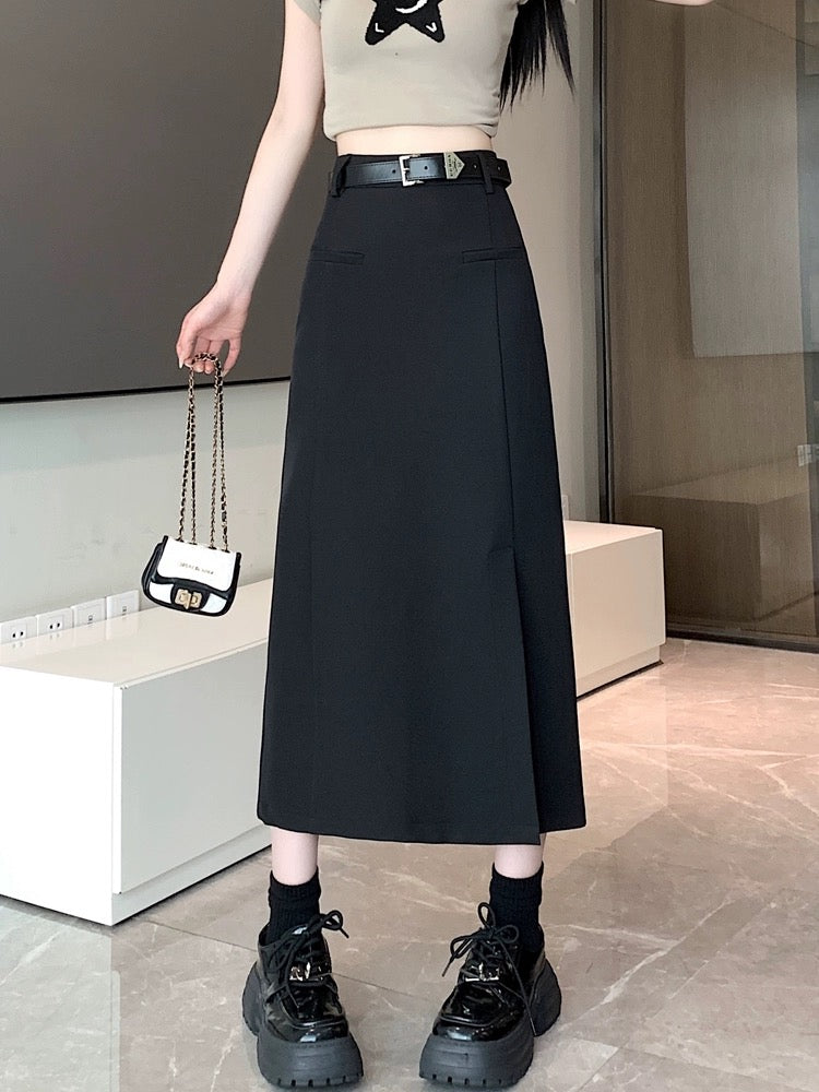 Black commuter suit skirt for women, spring and summer mid-length high waist hip A-line skirt with side slits to cover the crotch one-step skirt