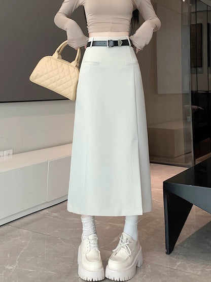 Black commuter suit skirt for women, spring and summer mid-length high waist hip A-line skirt with side slits to cover the crotch one-step skirt