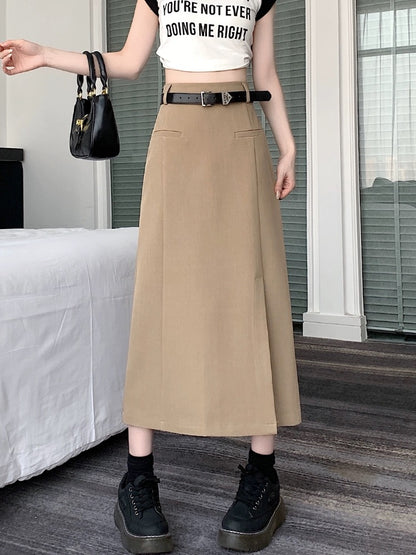 Black commuter suit skirt for women, spring and summer mid-length high waist hip A-line skirt with side slits to cover the crotch one-step skirt