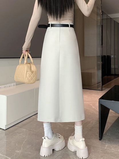 Black commuter suit skirt for women, spring and summer mid-length high waist hip A-line skirt with side slits to cover the crotch one-step skirt