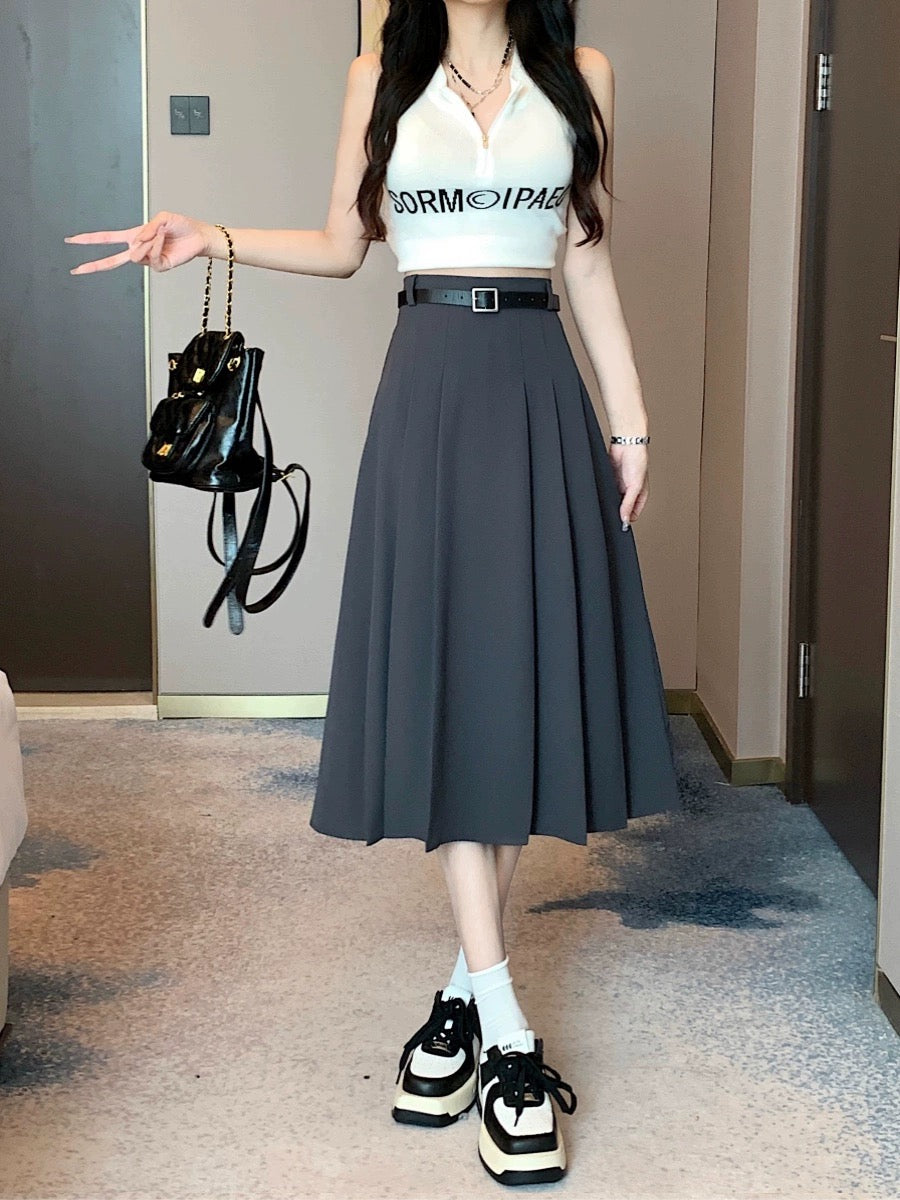 Small gray suit pleated skirt for women summer 2024 new high-waisted slimming mid-length a-line skirt