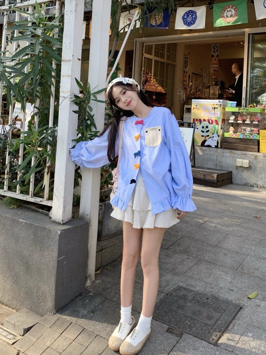 Sweet color-blocked bow striped shirt for women spring 2024 new design niche loose bell sleeve top