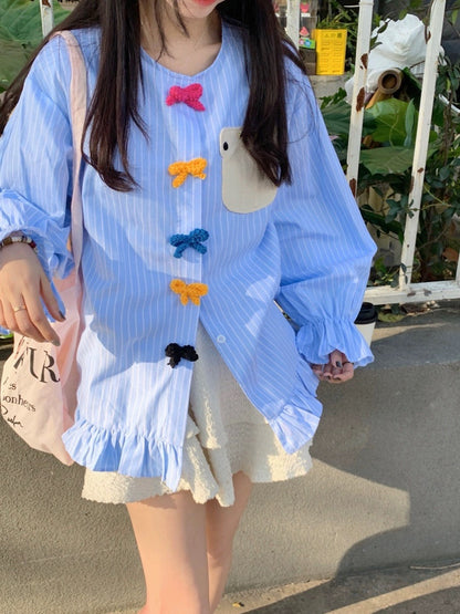 Sweet color-blocked bow striped shirt for women spring 2024 new design niche loose bell sleeve top