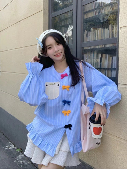 Sweet color-blocked bow striped shirt for women spring 2024 new design niche loose bell sleeve top