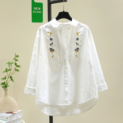 Designed lace embroidered white shirt for women 2024 spring and autumn new style literary style loose long-sleeved shirt chic top