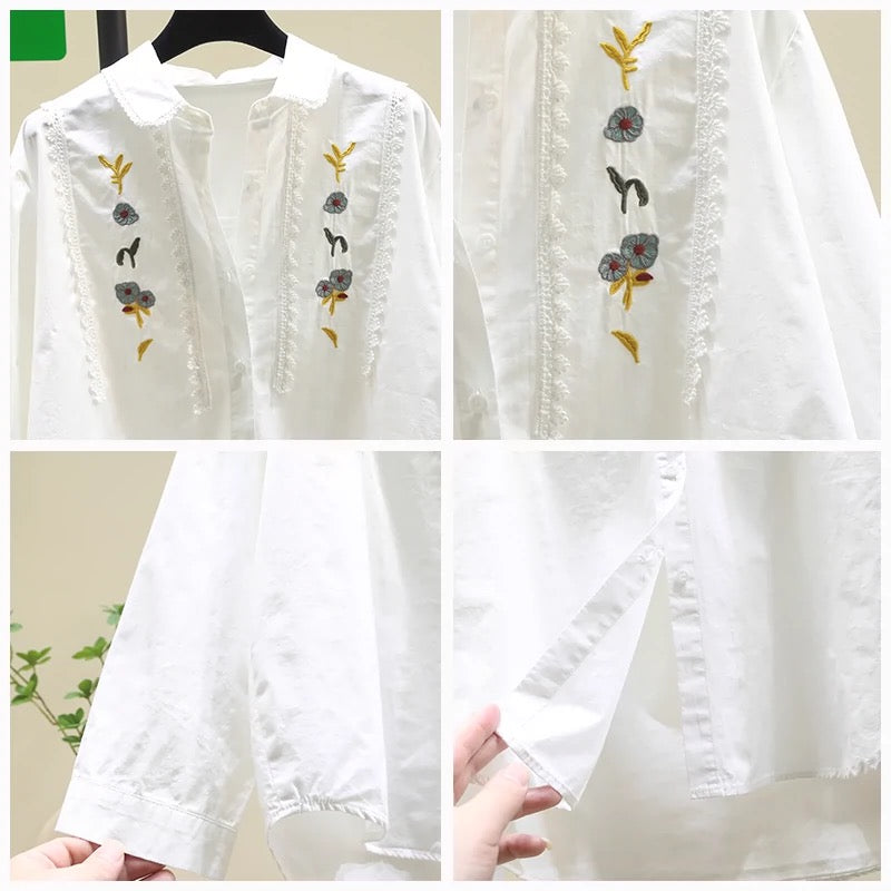 Designed lace embroidered white shirt for women 2024 spring and autumn new style literary style loose long-sleeved shirt chic top