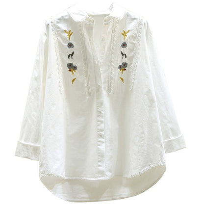 Designed lace embroidered white shirt for women 2024 spring and autumn new style literary style loose long-sleeved shirt chic top