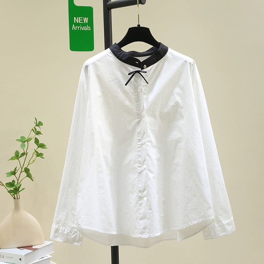 Temperament and versatile black stand-up collar splicing white shirt for women 2024 spring and autumn new Korean style loose fashion shirt top