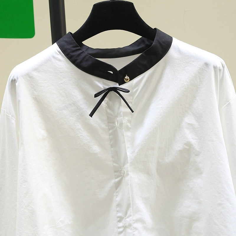 Temperament and versatile black stand-up collar splicing white shirt for women 2024 spring and autumn new Korean style loose fashion shirt top