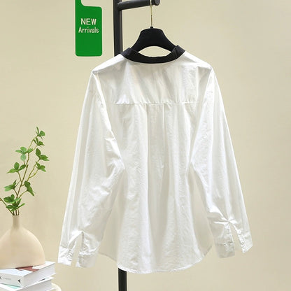 Temperament and versatile black stand-up collar splicing white shirt for women 2024 spring and autumn new Korean style loose fashion shirt top