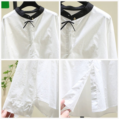 Temperament and versatile black stand-up collar splicing white shirt for women 2024 spring and autumn new Korean style loose fashion shirt top