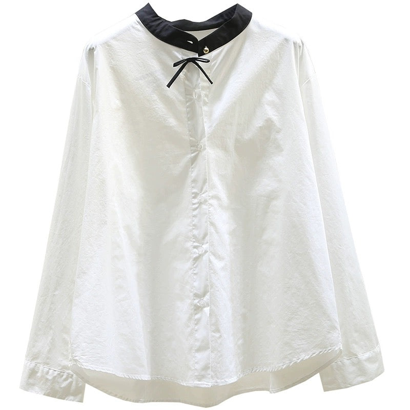 Temperament and versatile black stand-up collar splicing white shirt for women 2024 spring and autumn new Korean style loose fashion shirt top