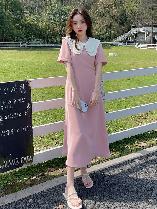 Tea break French doll collar pink chiffon dress women's summer 2024 new sweet and salty high-end exquisite long dress