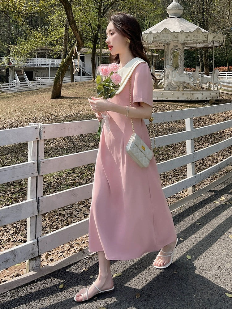 Tea break French doll collar pink chiffon dress women's summer 2024 new sweet and salty high-end exquisite long dress