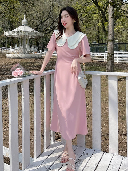 Tea break French doll collar pink chiffon dress women's summer 2024 new sweet and salty high-end exquisite long dress