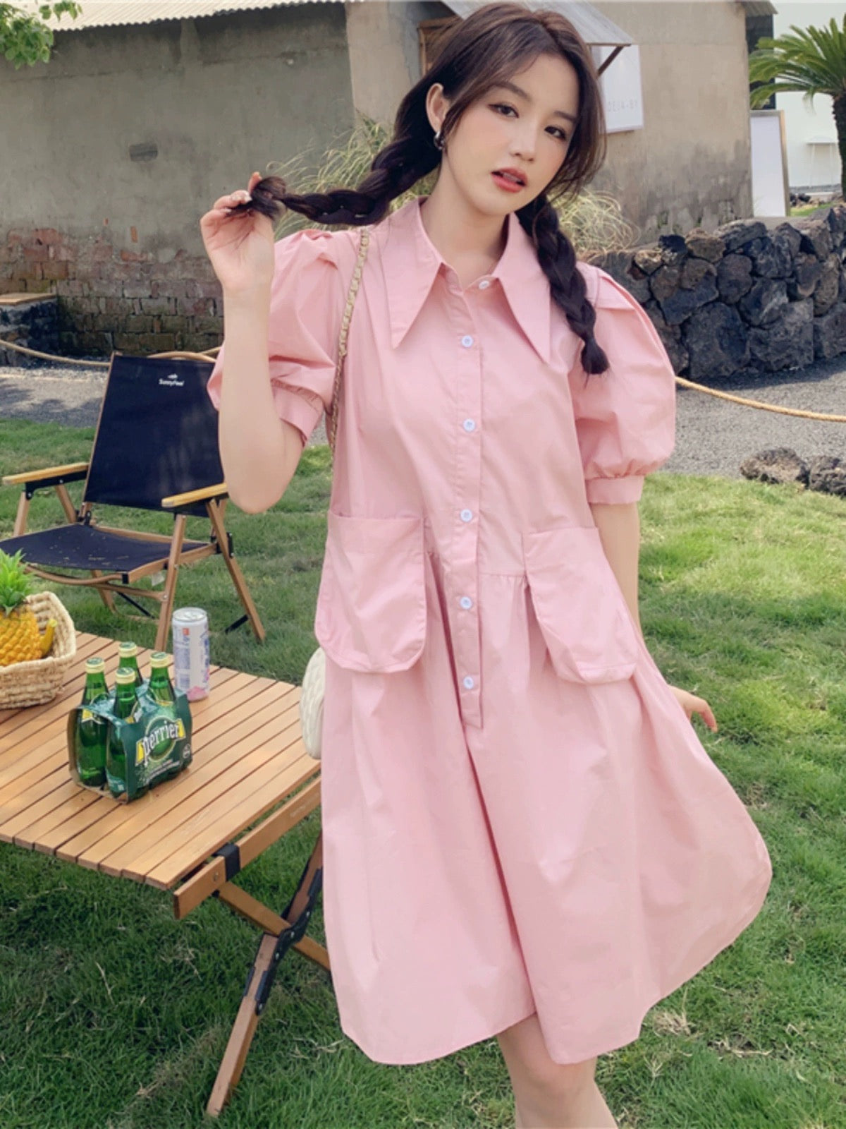 Pink first love shirt dress for women, summer French retro, small, age-reducing, playful, cute and lively girl, forest style