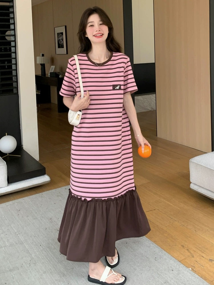 Pink Striped Dress Women Summer 2024 New Korean Style Loose Casual Versatile Belly Covering Age Reduction T-Shirt Dress