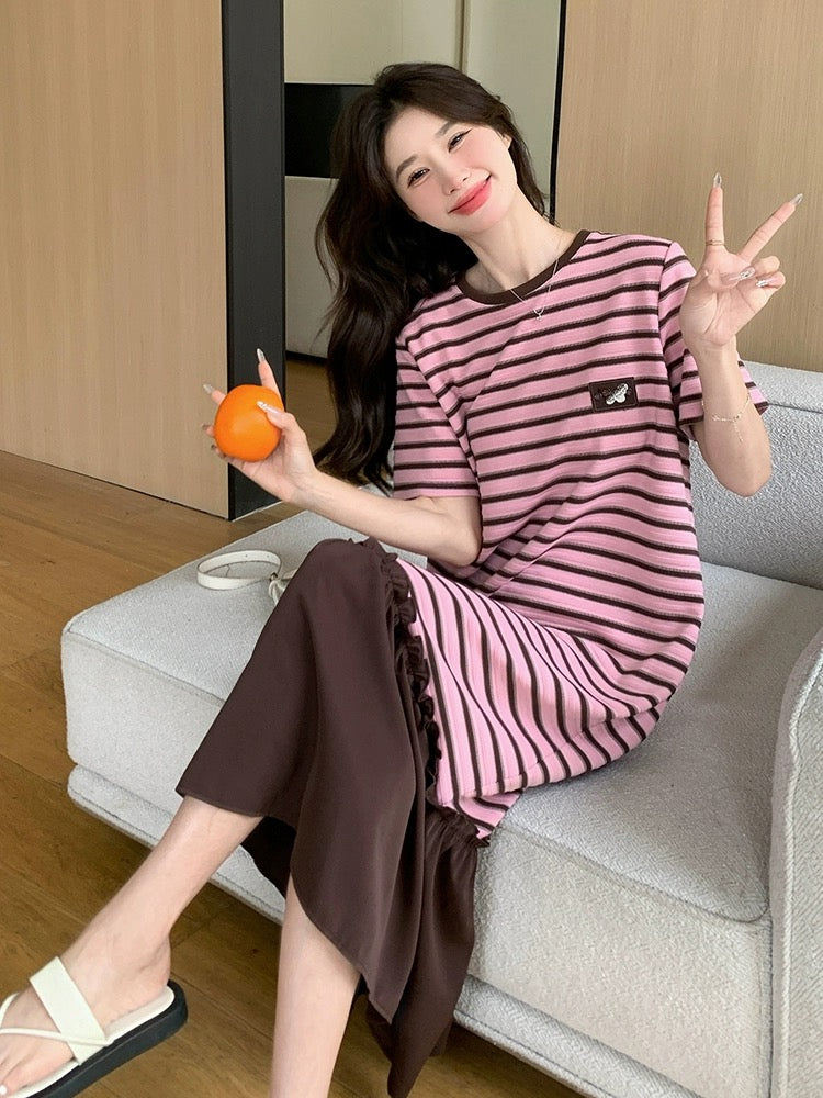 Pink Striped Dress Women Summer 2024 New Korean Style Loose Casual Versatile Belly Covering Age Reduction T-Shirt Dress