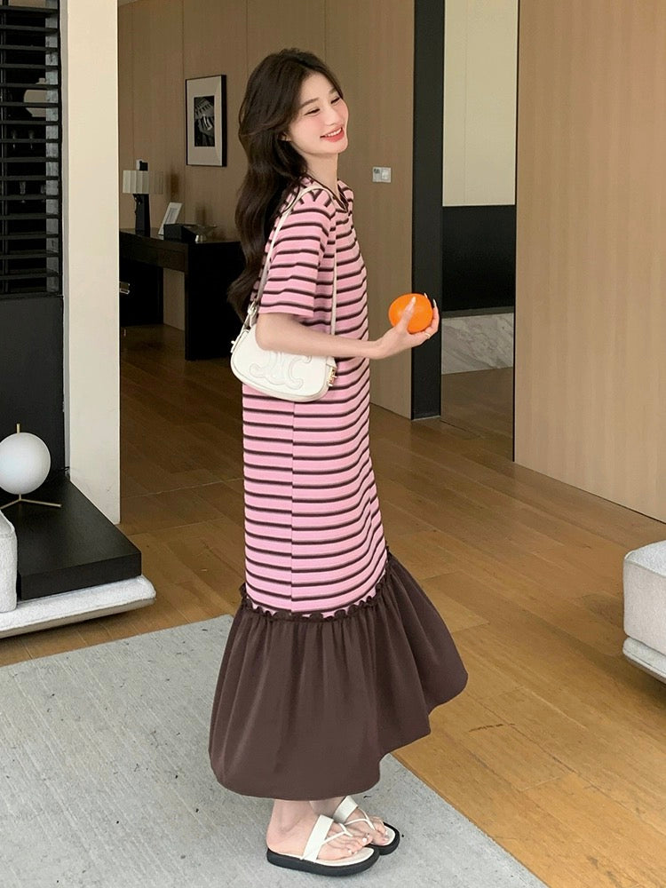 Pink Striped Dress Women Summer 2024 New Korean Style Loose Casual Versatile Belly Covering Age Reduction T-Shirt Dress