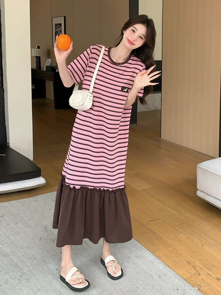 Pink Striped Dress Women Summer 2024 New Korean Style Loose Casual Versatile Belly Covering Age Reduction T-Shirt Dress