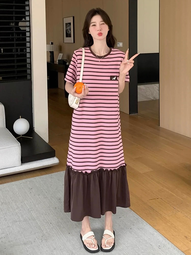 Pink Striped Dress Women Summer 2024 New Korean Style Loose Casual Versatile Belly Covering Age Reduction T-Shirt Dress