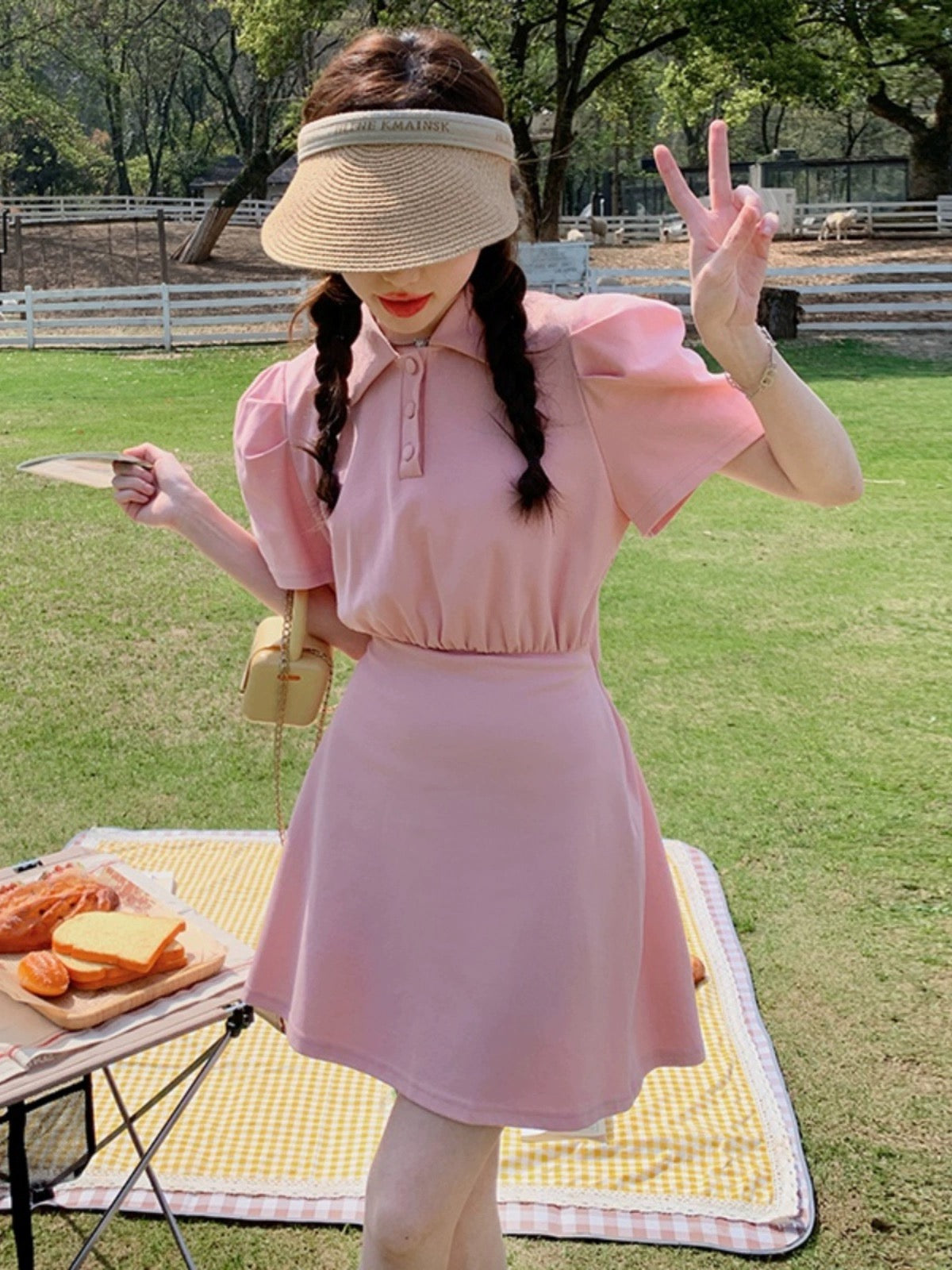 Pink girl careful polo backless dress for women summer and Korean style sweet and spicy style waist slimming and age reduction for small people