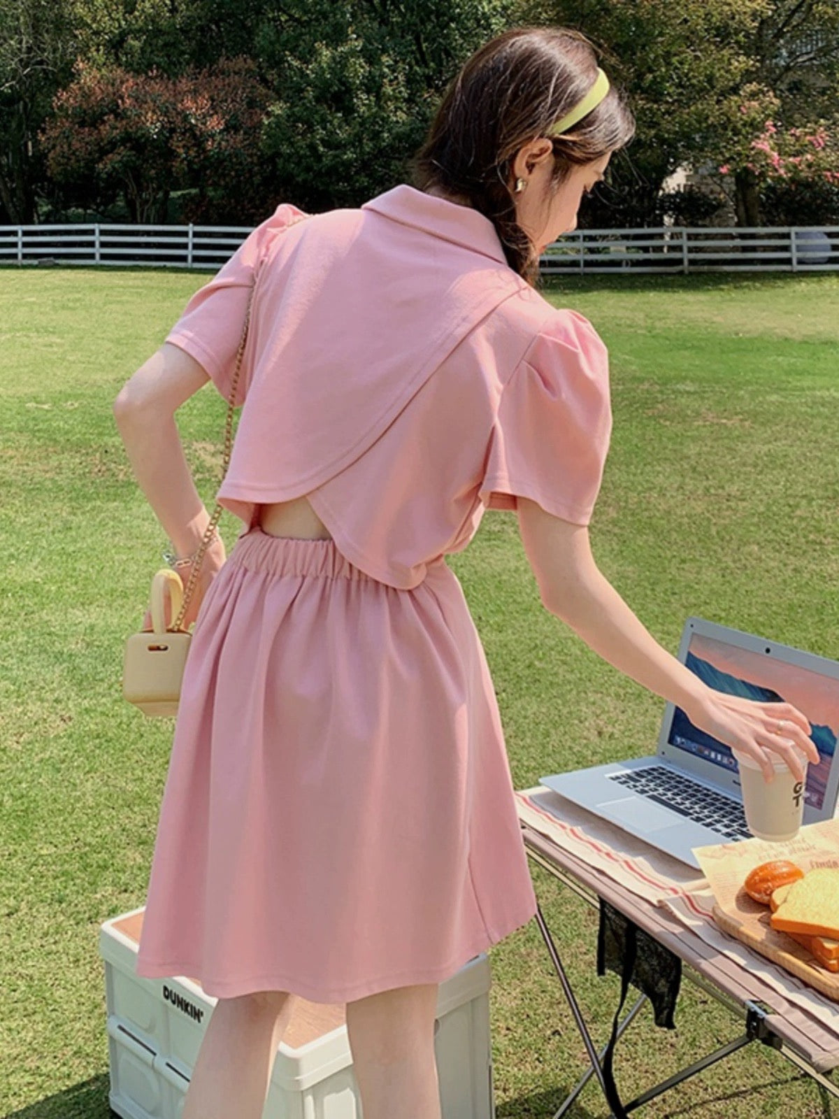 Pink girl careful polo backless dress for women summer and Korean style sweet and spicy style waist slimming and age reduction for small people