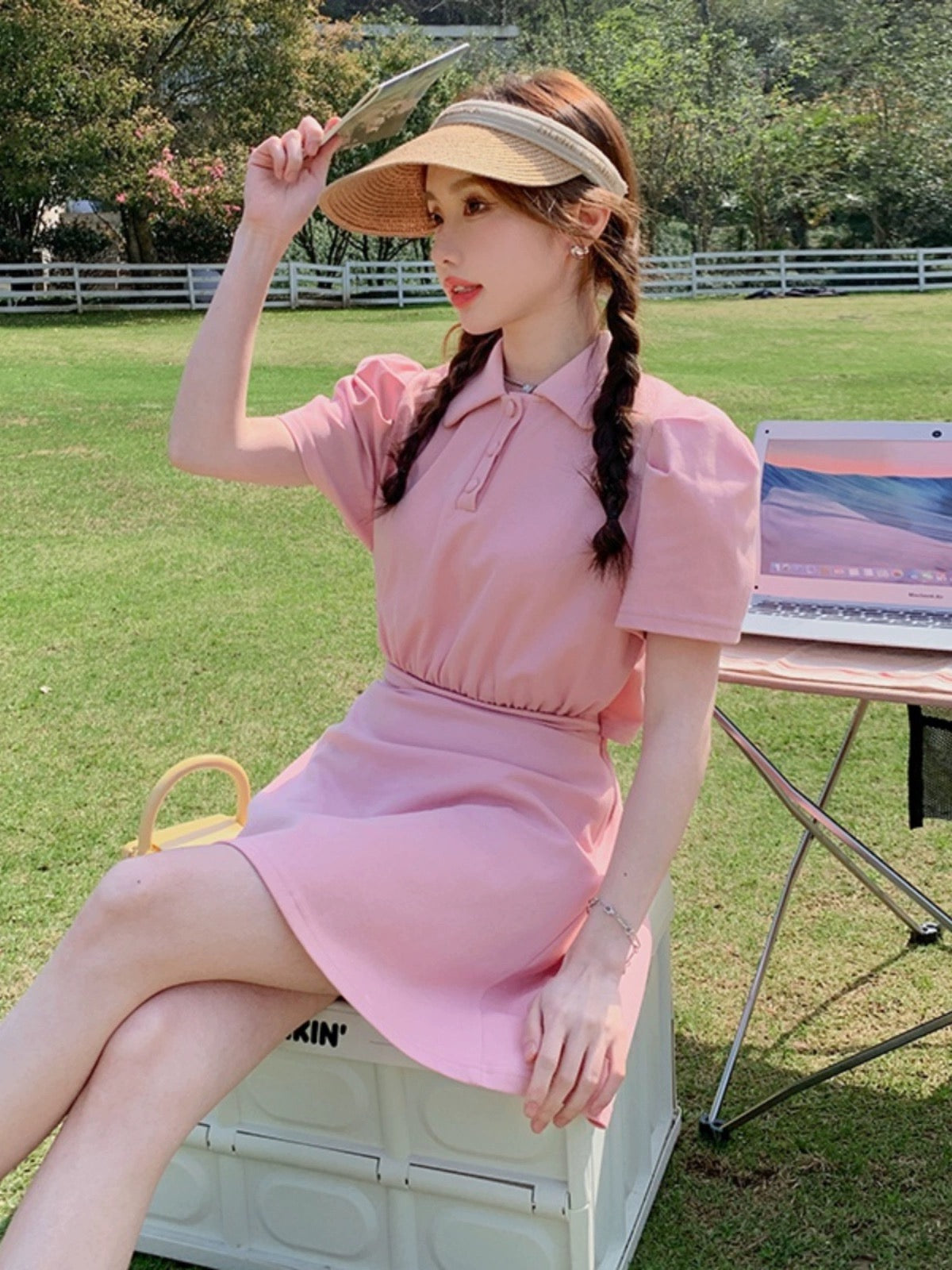 Pink girl careful polo backless dress for women summer and Korean style sweet and spicy style waist slimming and age reduction for small people