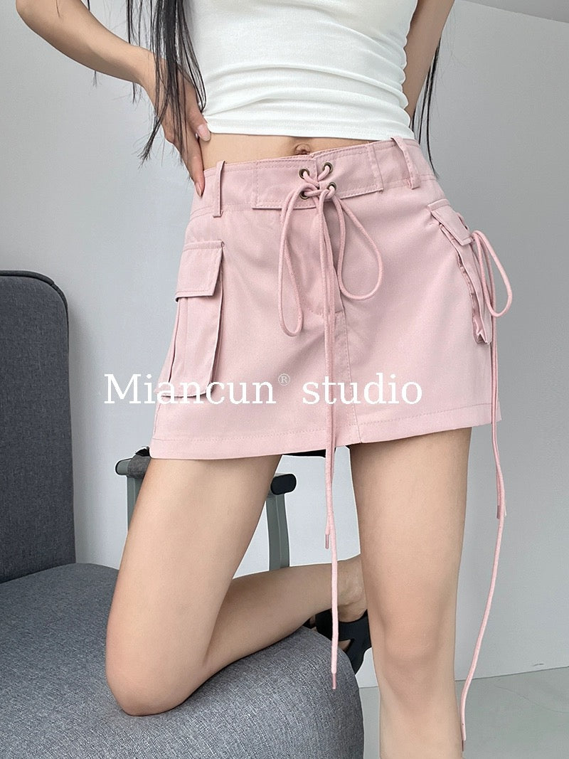 Sweet and cool outfit, anti-exposure overalls, culottes, mid-waist retro lace-up skirt, pockets, versatile A-line skirt, skirt for women