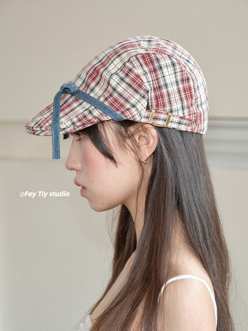 feytiy American sweetheart plaid forward hat strap bow