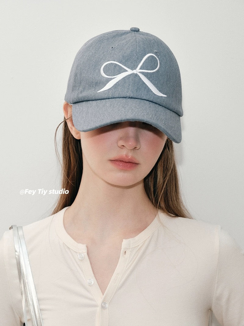 feytiy denim fashionable casual embroidered bow baseball cap for women spring and summer versatile peaked cap curved brim dome